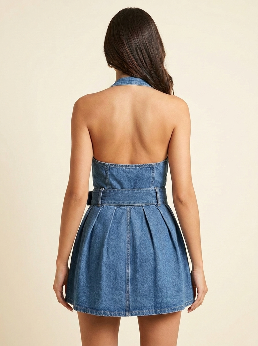 Halter Belted Mini Dress — Blue back