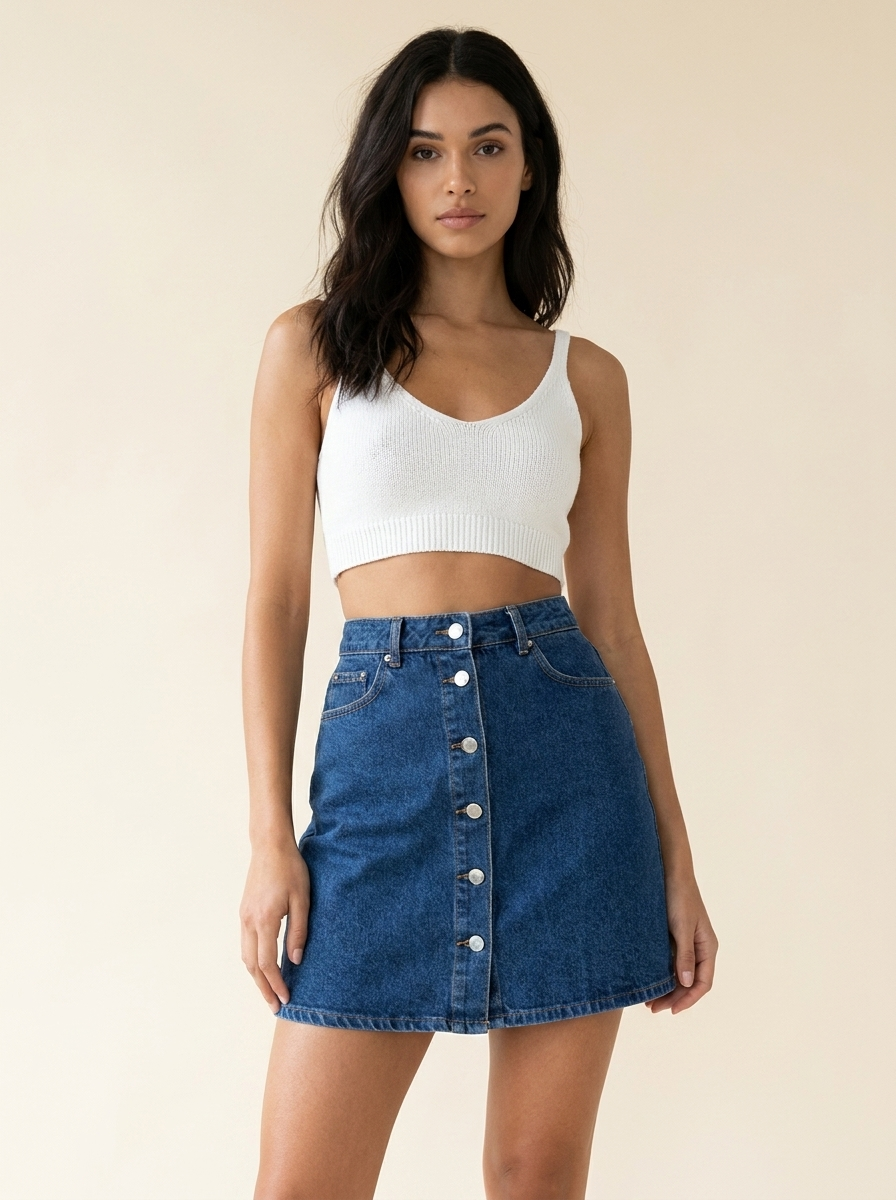 A-Line Denim Skirt — Navy front (buttons)