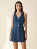 Button-Front Denim Dress — Navy front