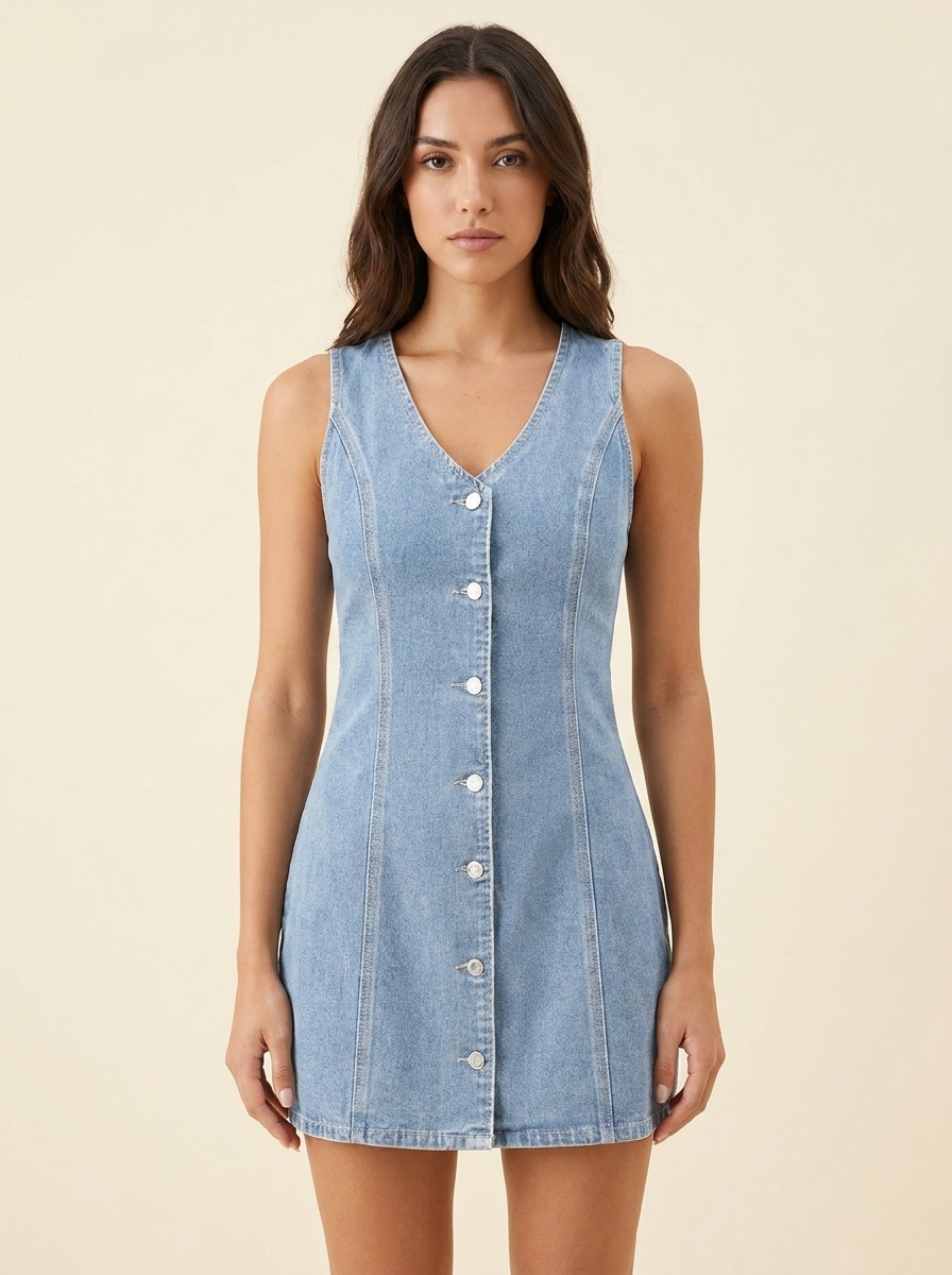 Button-Front Denim Dress — Light Blue front