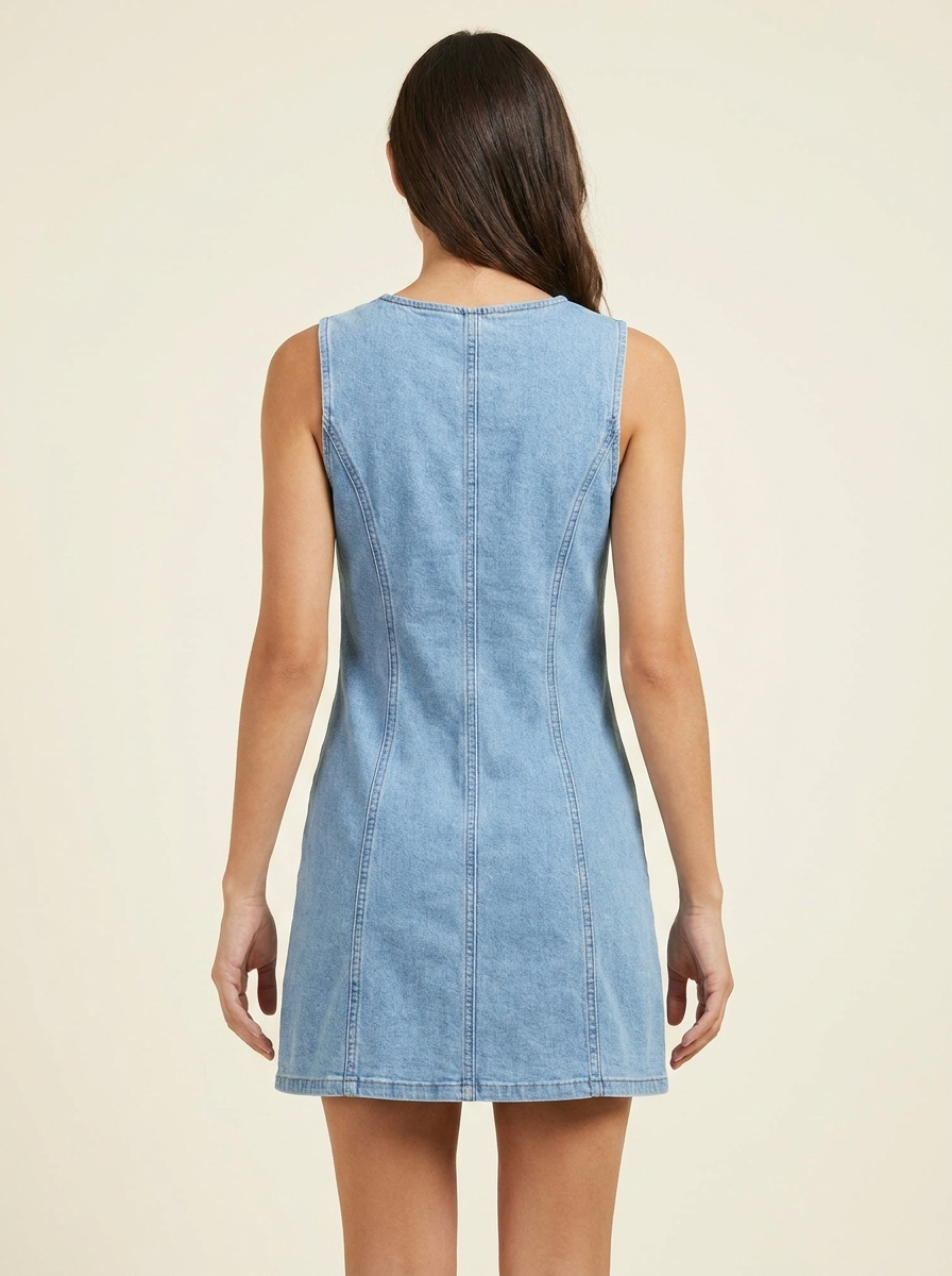 Button-Front Denim Dress — Light Blue back