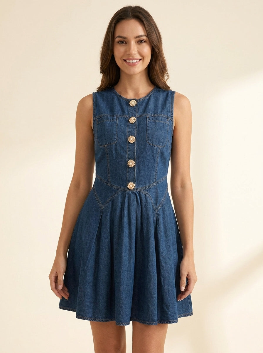 Button Decor Denim Dress — front