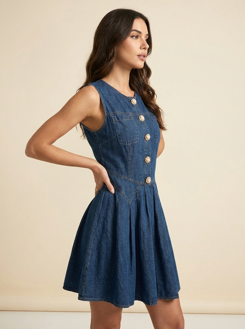 Button Decor Denim Dress — side