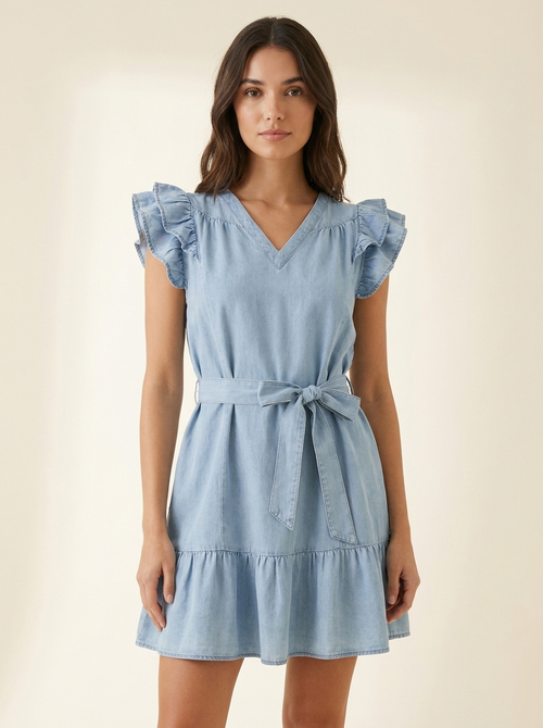 Chambray Ruffled Dress — front
