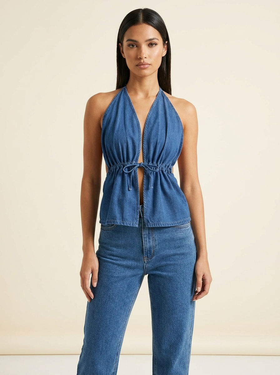 Halter Neck Denim Top — Navy front