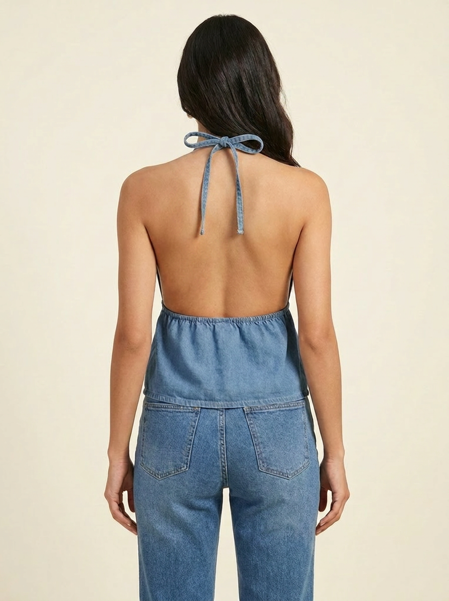 Halter Neck Denim Top — Dusty Blue back