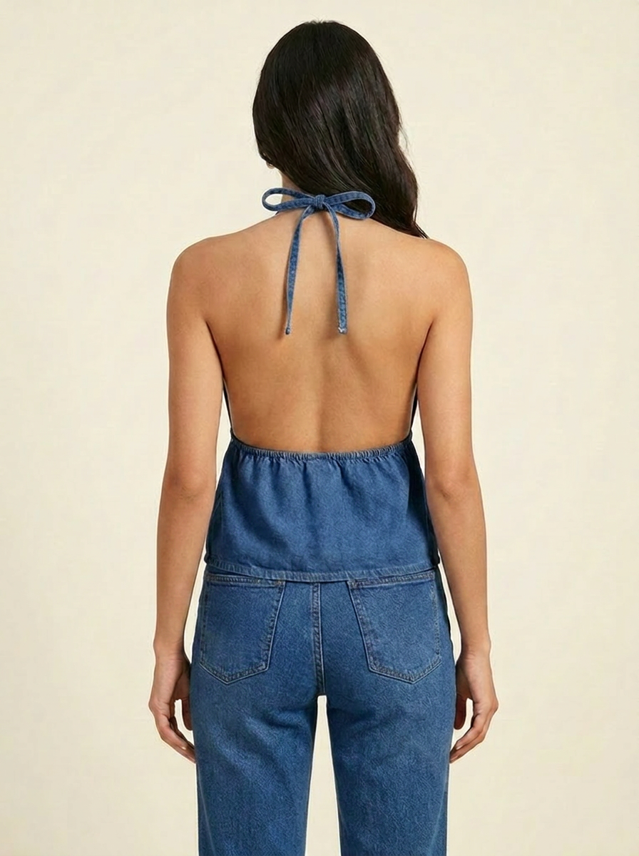 Halter Neck Denim Top — Navy back