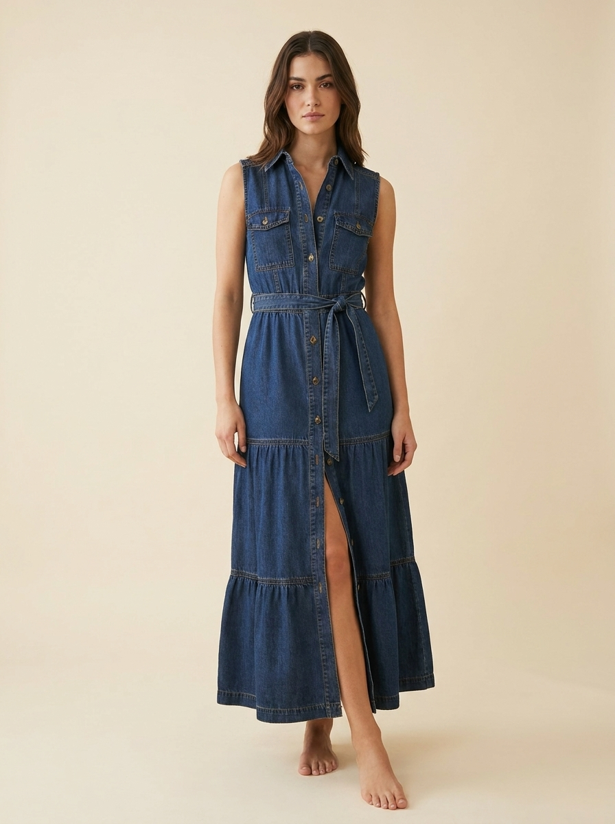 Sleeveless Denim Dress — front