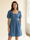 Puff Sleeve Denim Dress — front