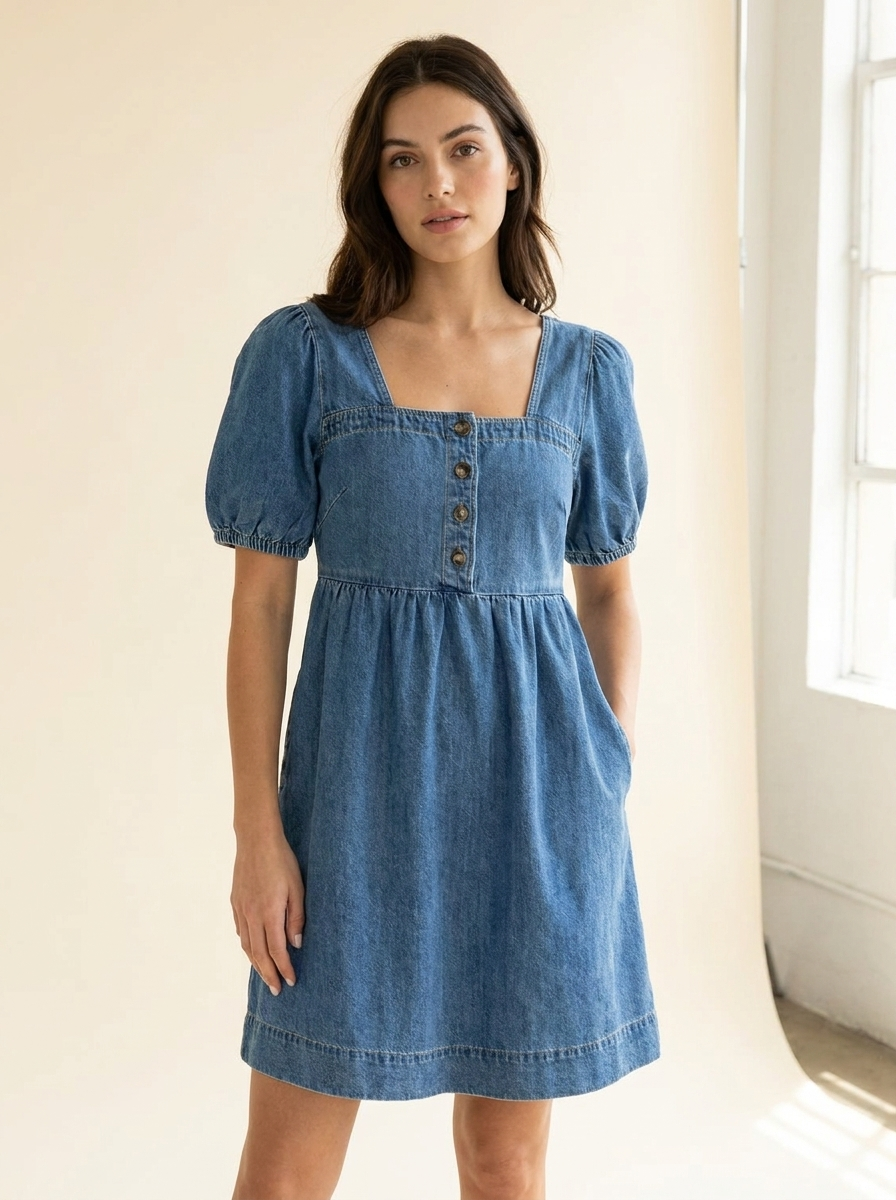 Puff Sleeve Denim Dress — front