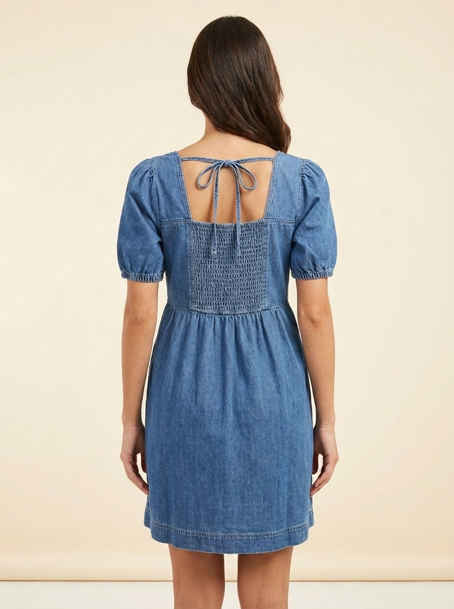 Puff Sleeve Denim Dress — back