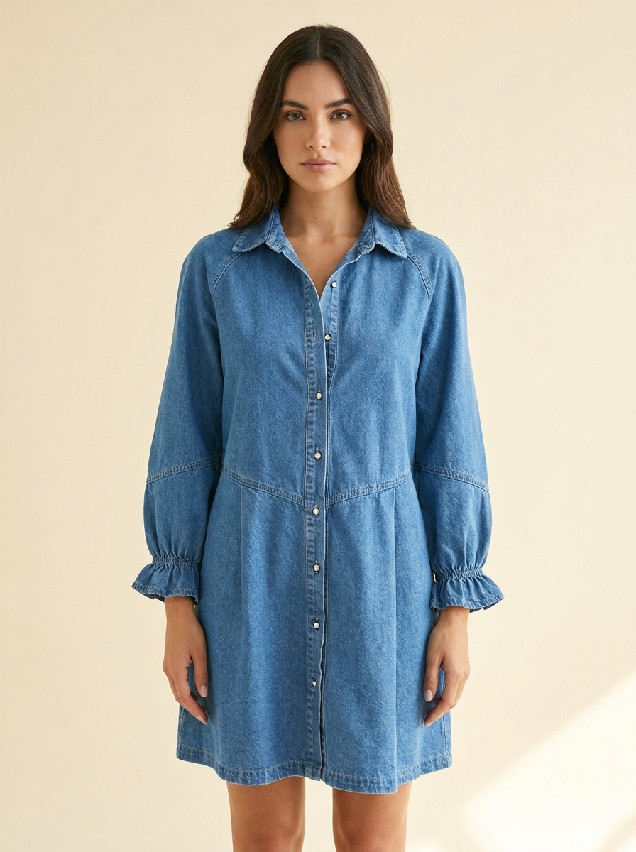 Ruffle Cuff Denim Dress — front