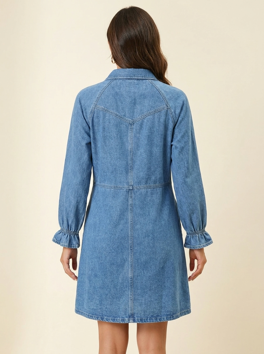 Ruffle Cuff Denim Dress — back