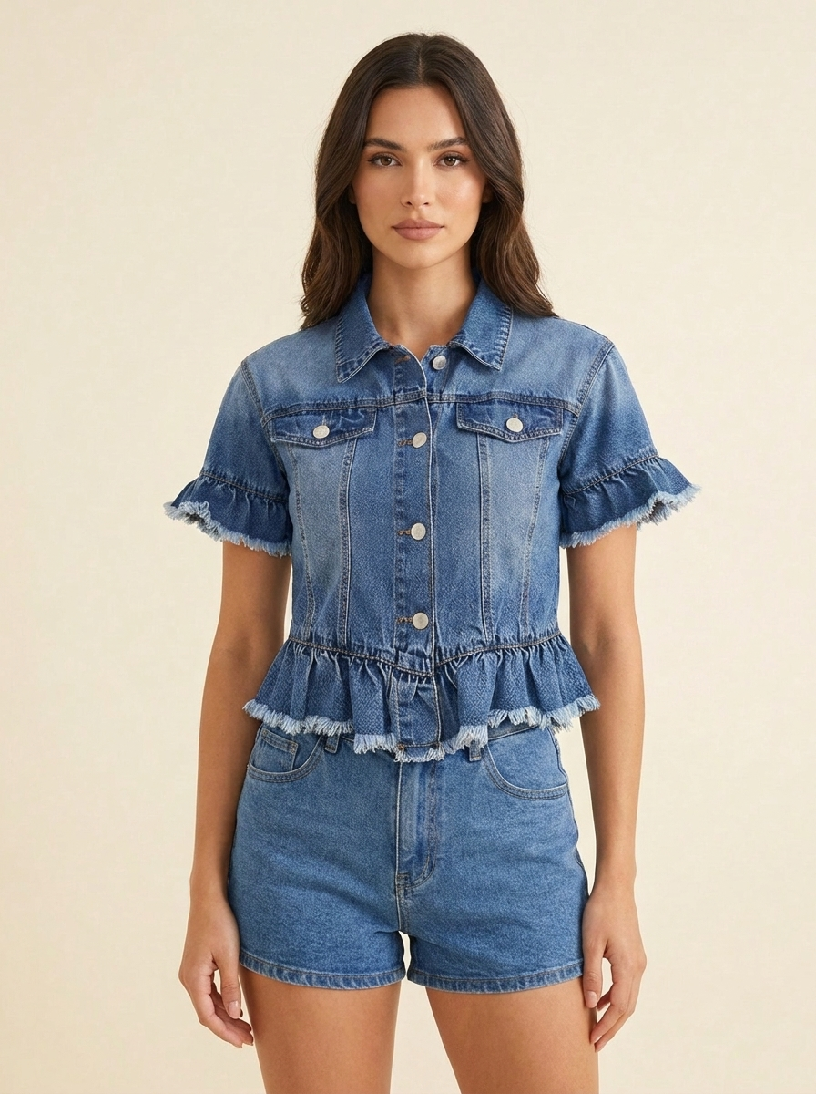 Ruffle Hem Denim Jacket — front