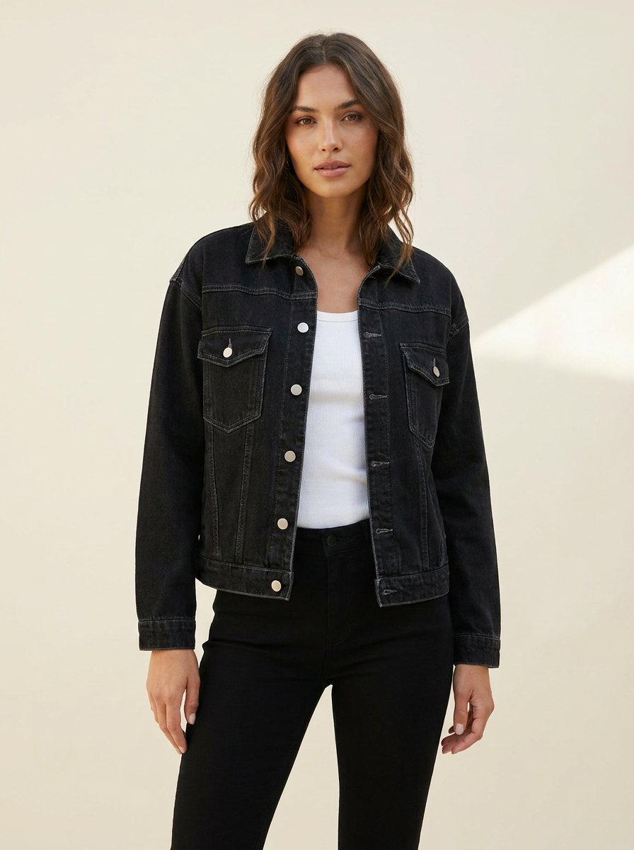 Button-Up Denim Jacket - Black front