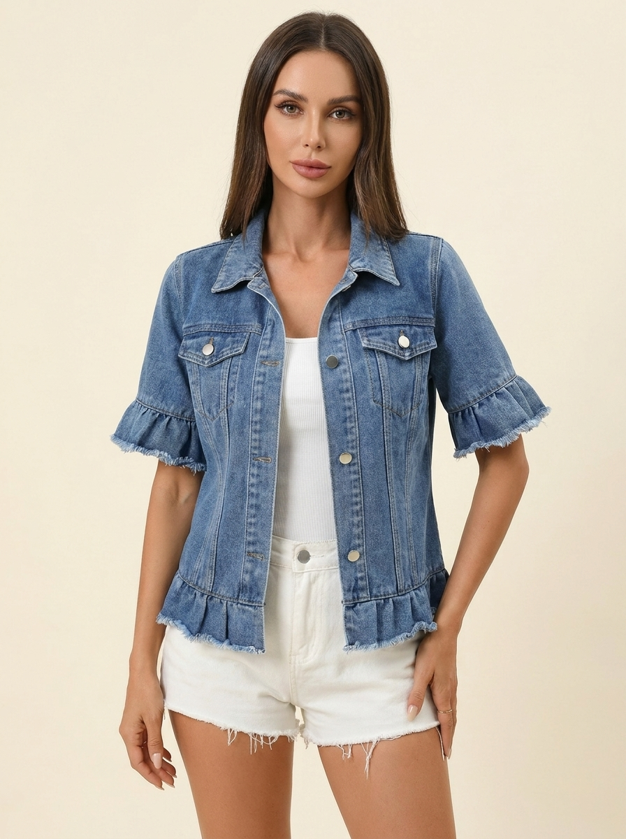 Raw Hem Denim Jacket — Blue Front