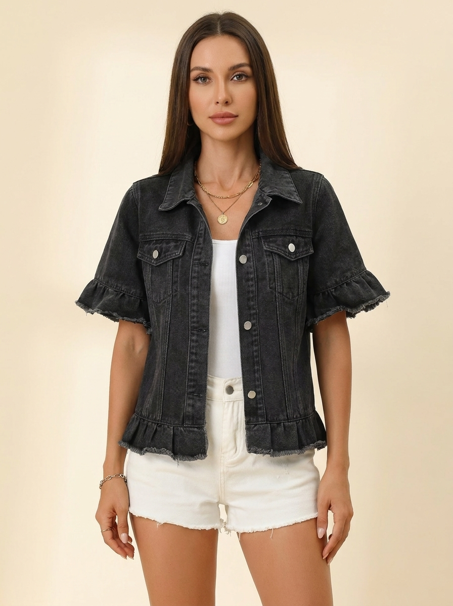 Raw Hem Denim Jacket — Black Front