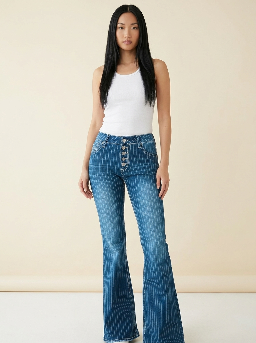 Striped Button Fly Jeans — Blue Front