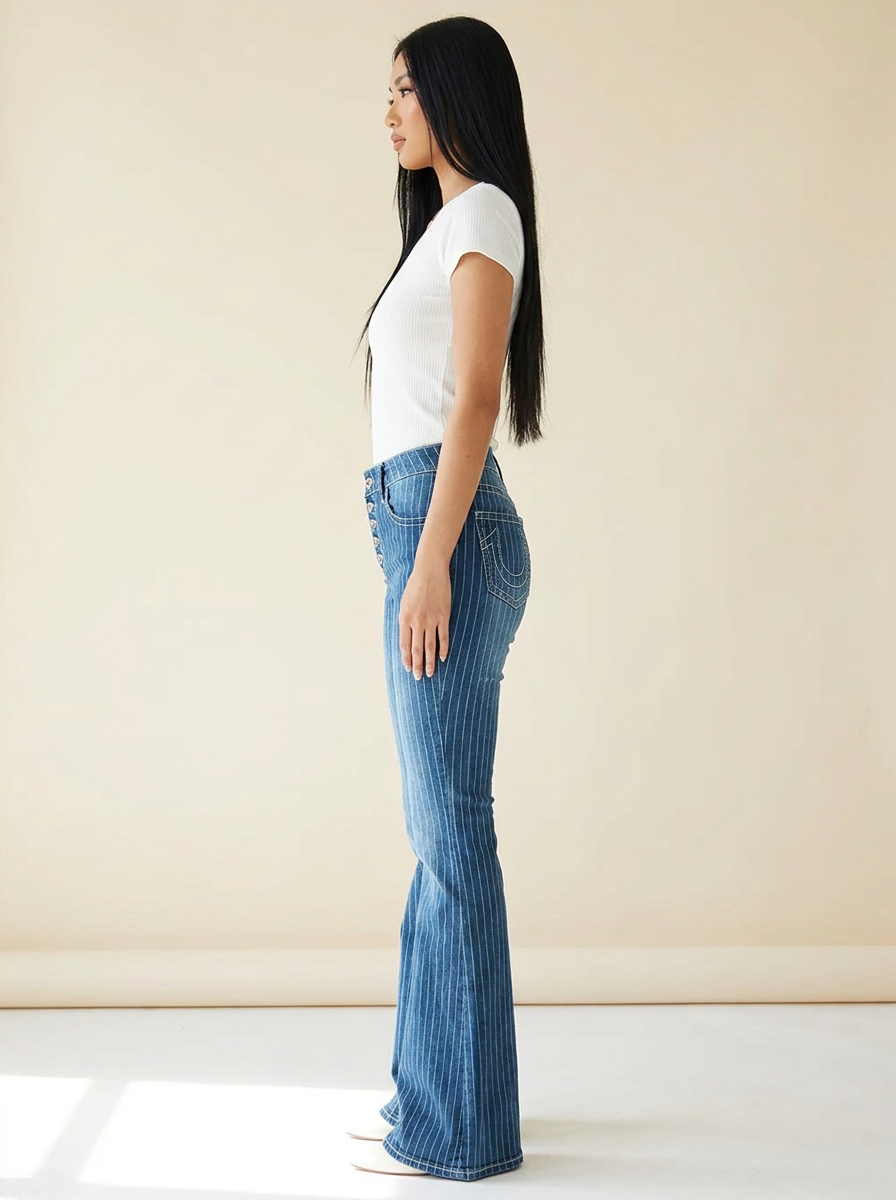Striped Button Fly Jeans — Blue Side