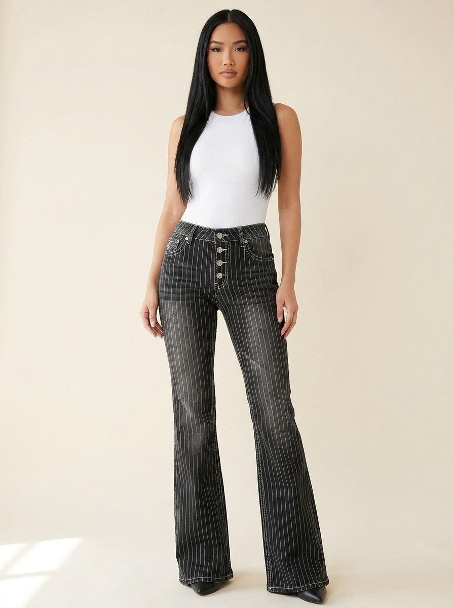 Striped Button Fly Jeans — Black Front