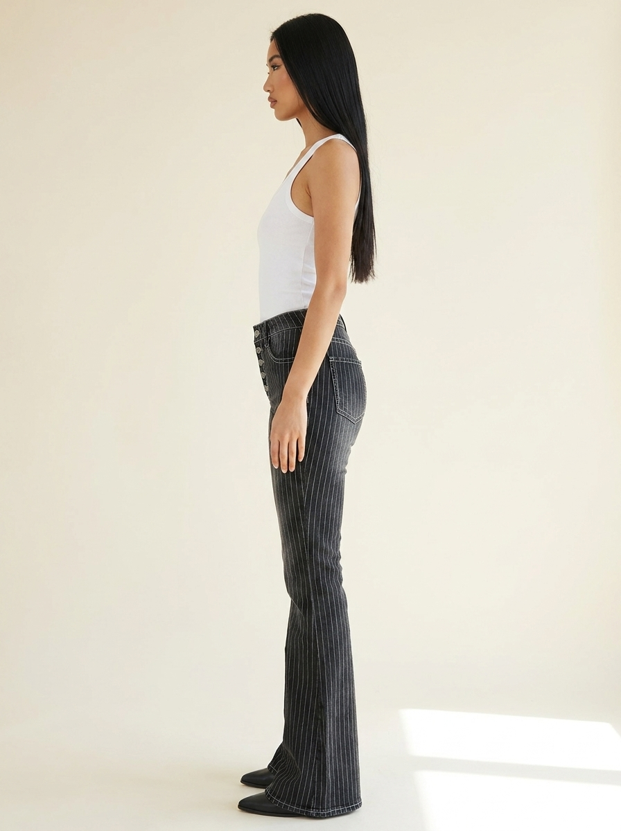 Striped Button Fly Jeans — Black Side