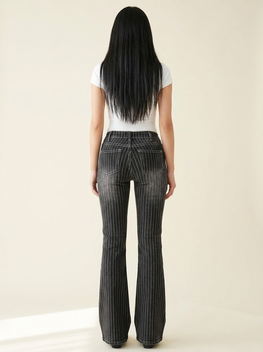 Striped Button Fly Jeans — Black Back