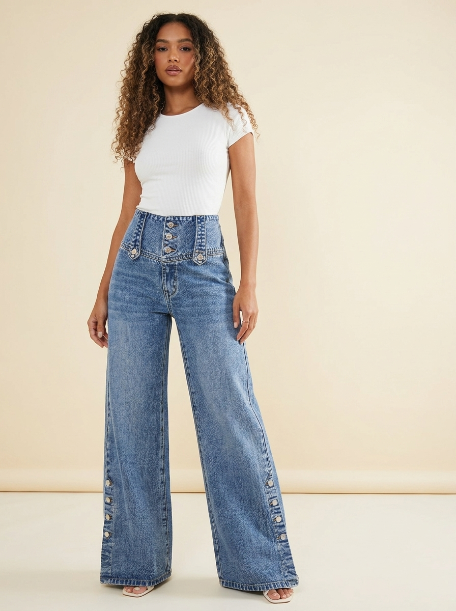 Button Decor Wide Leg Jeans — Front