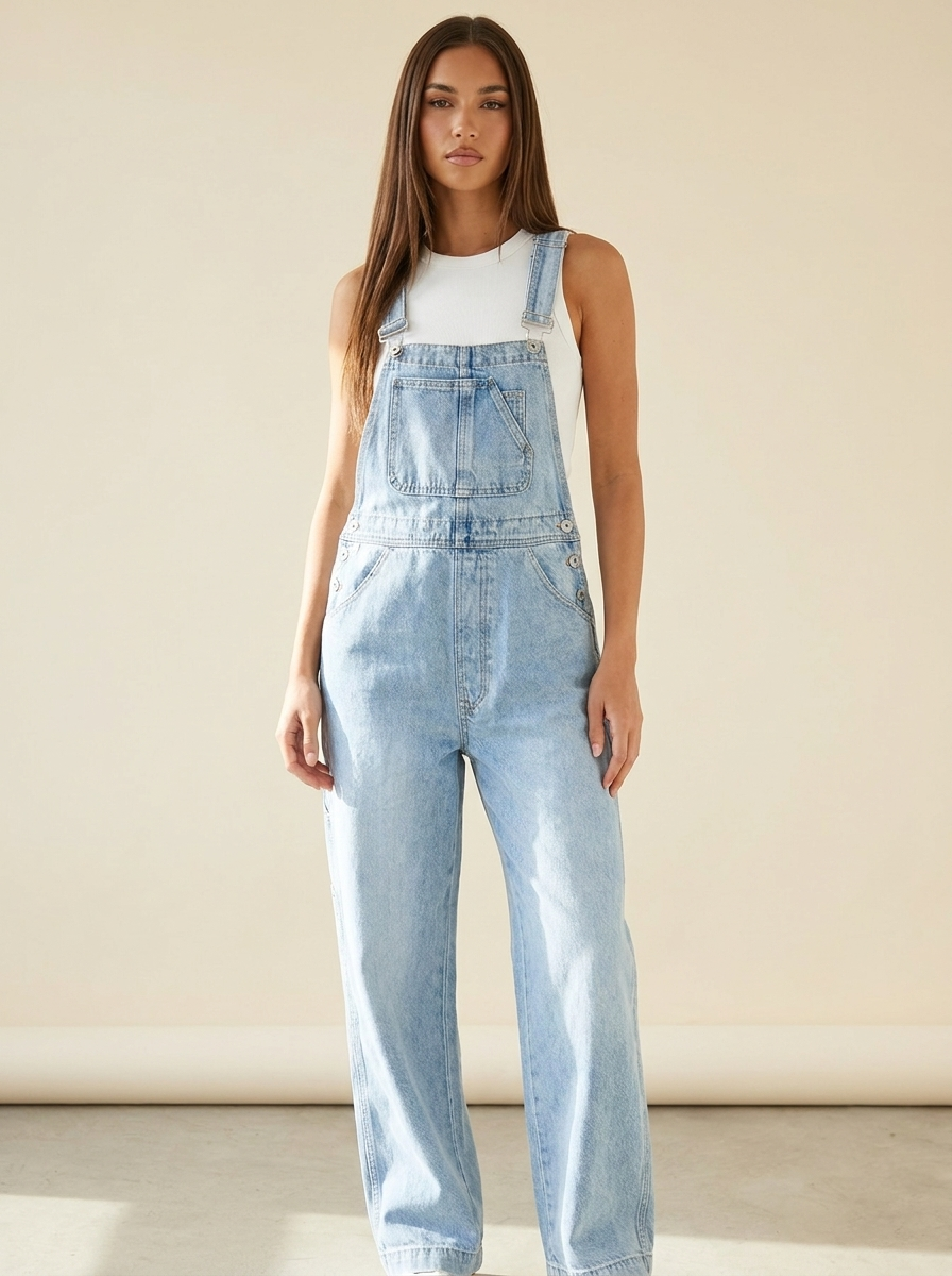 Wide Strap Relaxed Overalls — Front