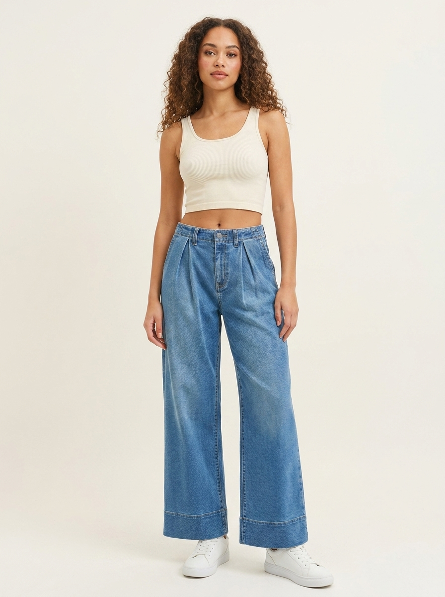 Pleated Slouchy Wide Jeans - Front