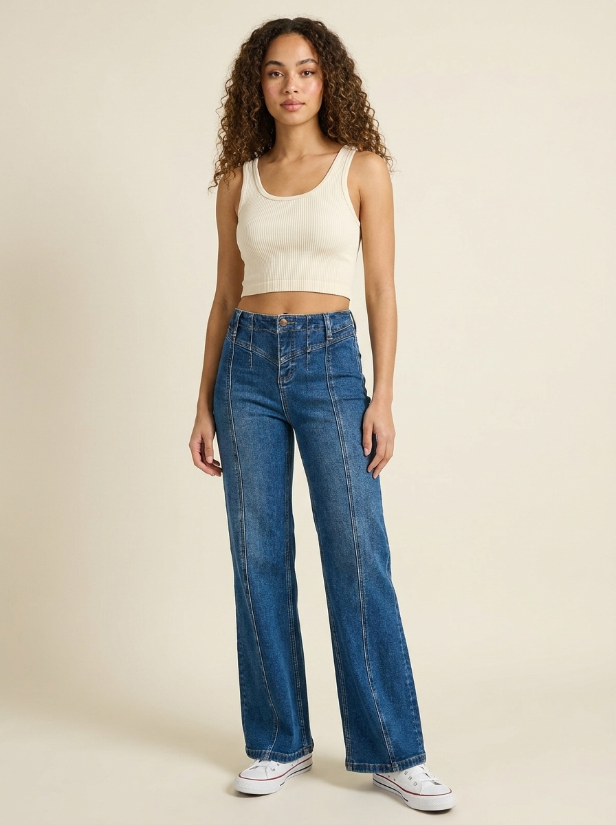 Seam Detail Wide Leg Jeans - Front
