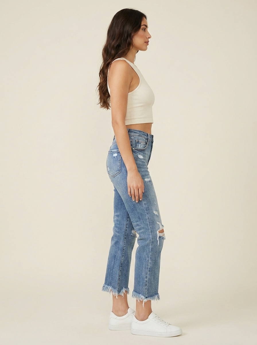 Distressed Cropped Bootcut Jeans - Side