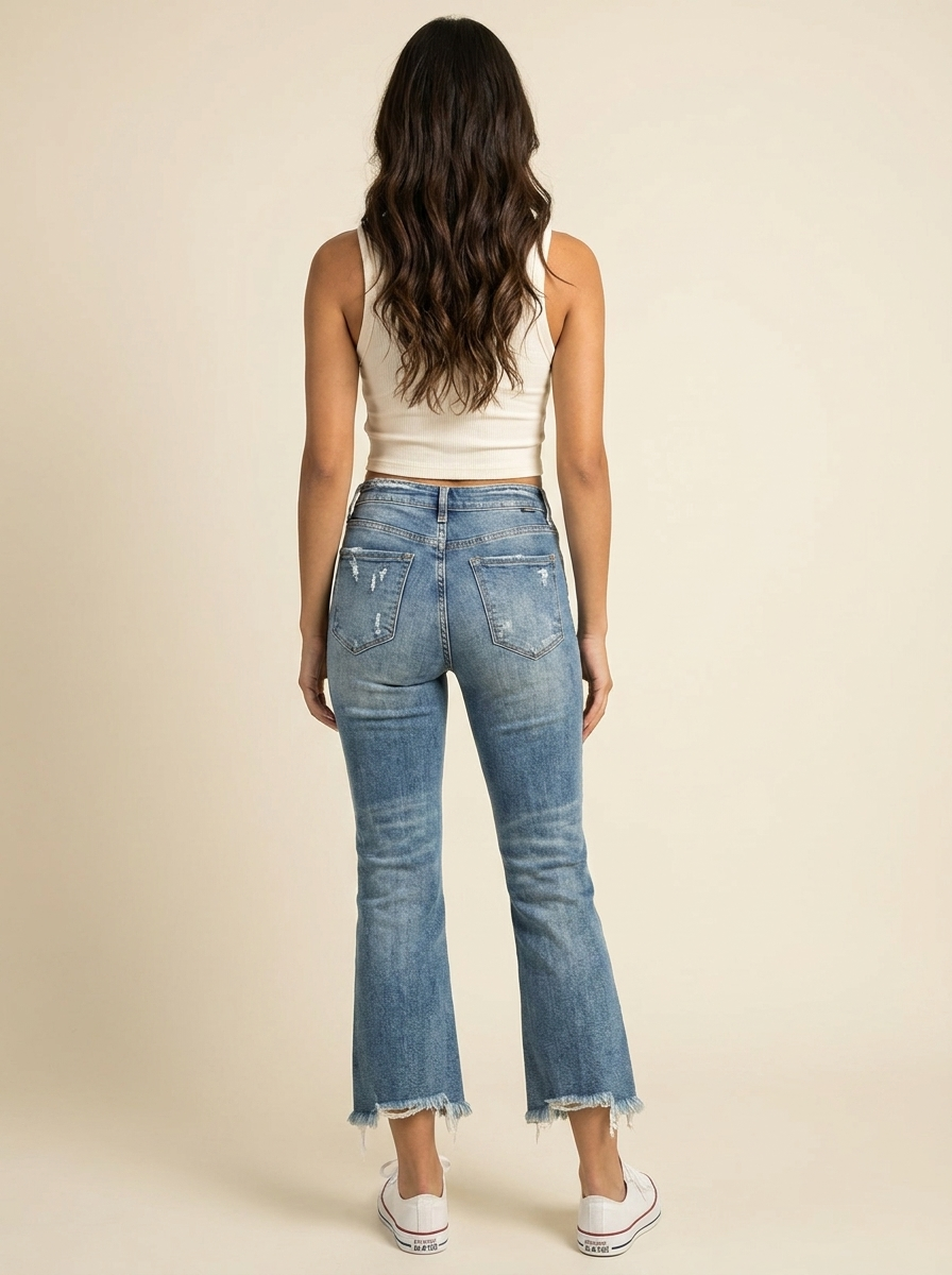 Distressed Cropped Bootcut Jeans - Back