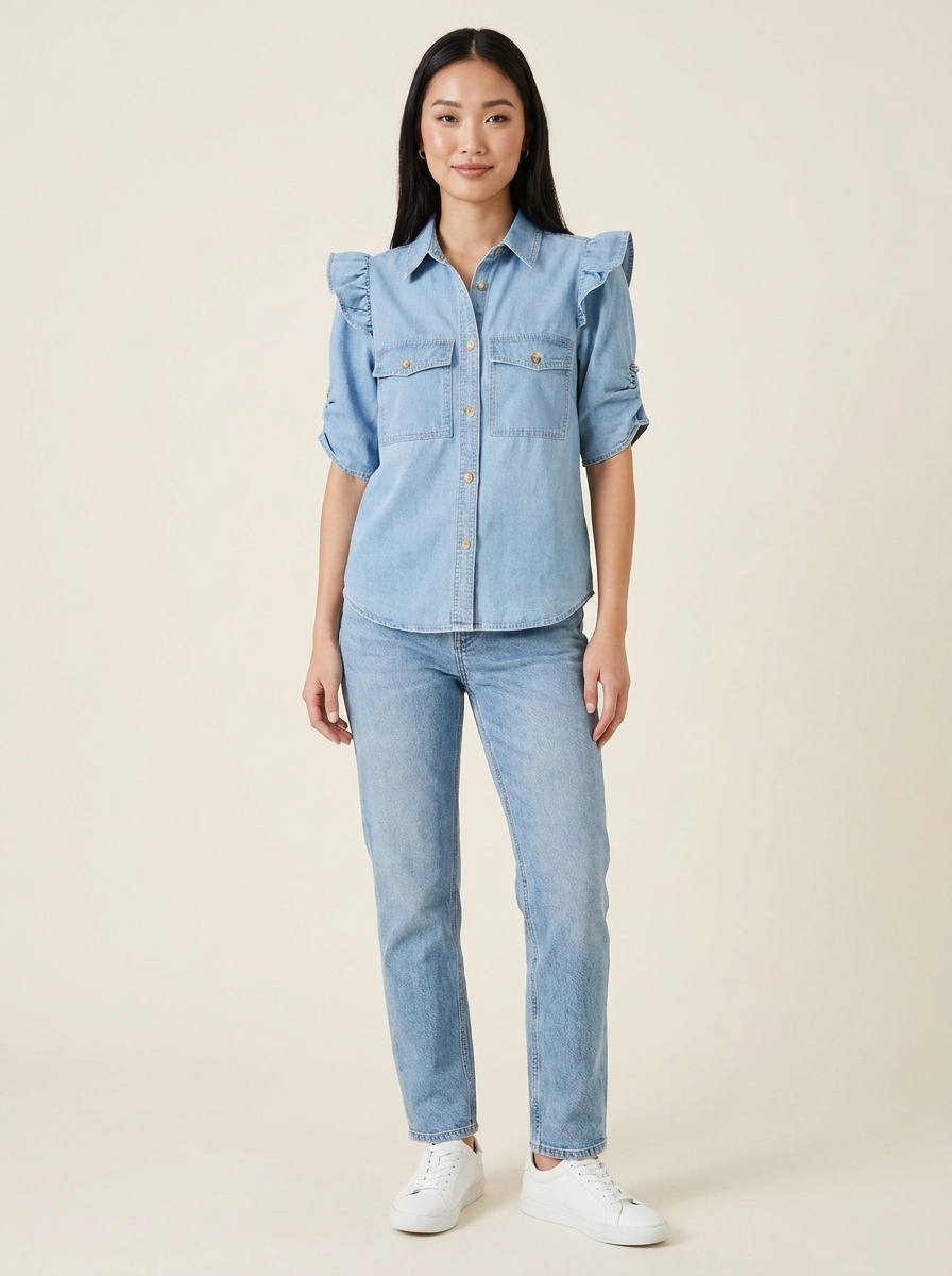Ruffled Button-Down Shirt Light Blue view 1