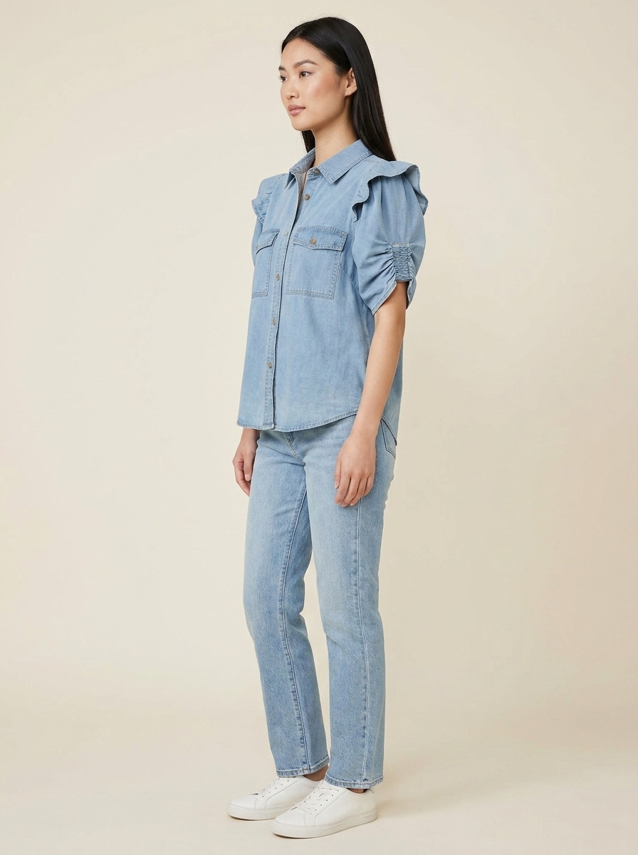 Ruffled Button-Down Shirt Light Blue view 2