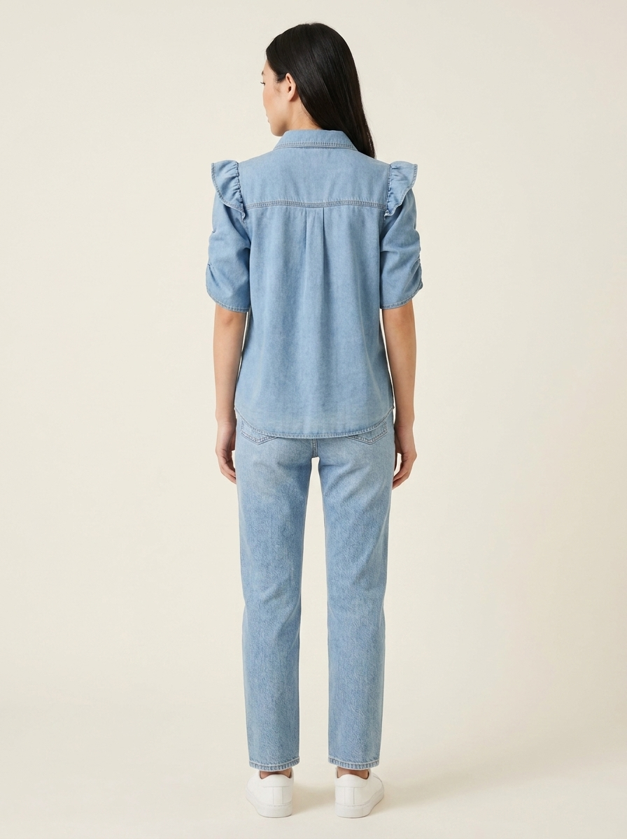 Ruffled Button-Down Shirt Light Blue view 3