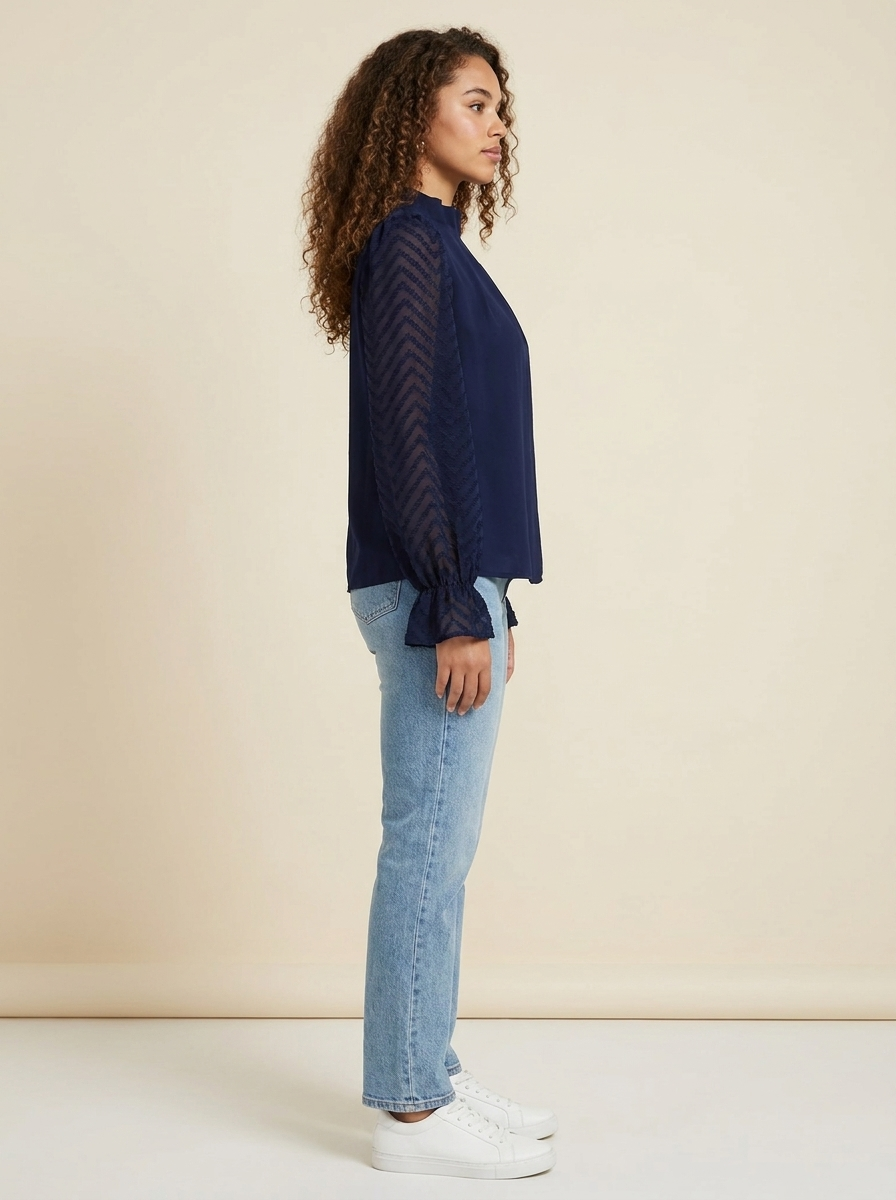 Mock Neck Flounce Blouse Navy view 2