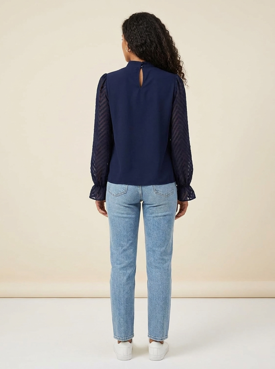 Mock Neck Flounce Blouse Navy view 3