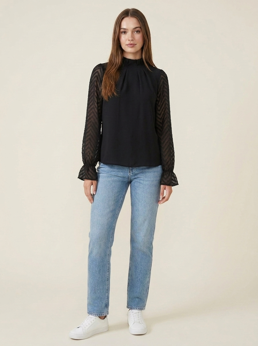 Mock Neck Flounce Blouse Black view 1
