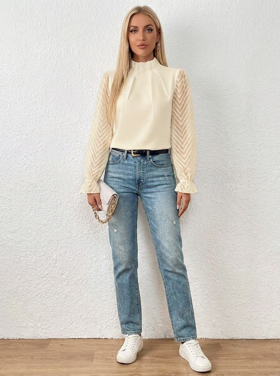Mock Neck Flounce Blouse Cream view 1