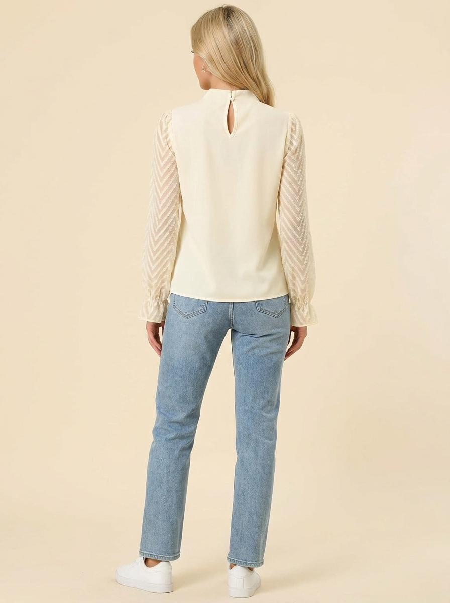 Mock Neck Flounce Blouse Cream view 3