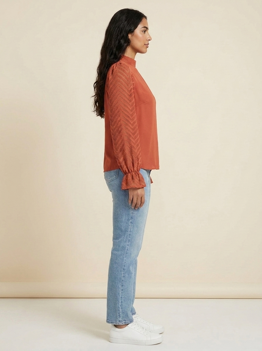 Mock Neck Flounce Blouse Burnt Coral view 2