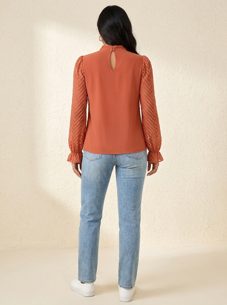 Mock Neck Flounce Blouse Burnt Coral view 3