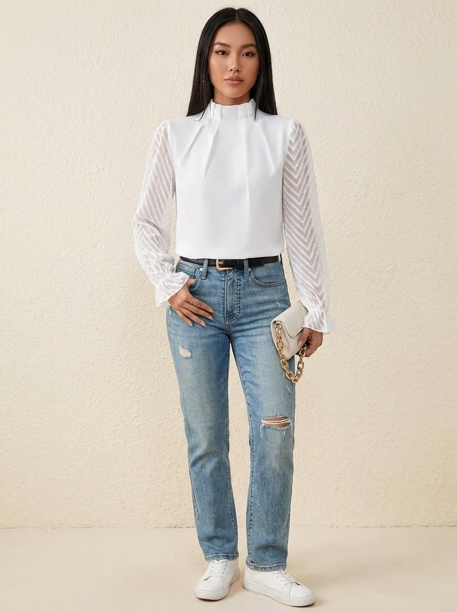 Mock Neck Flounce Blouse White view 1