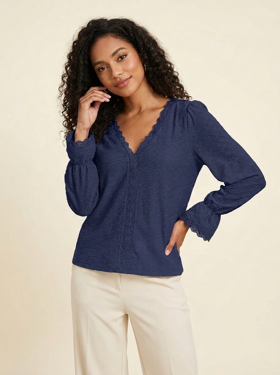V-Neck Flounce Blouse Navy v2