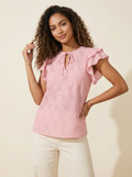 Eyelet Flutter Sleeve Blouse Blush Pink