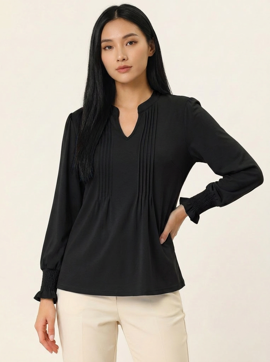 Notched Flounce Sleeve Blouse