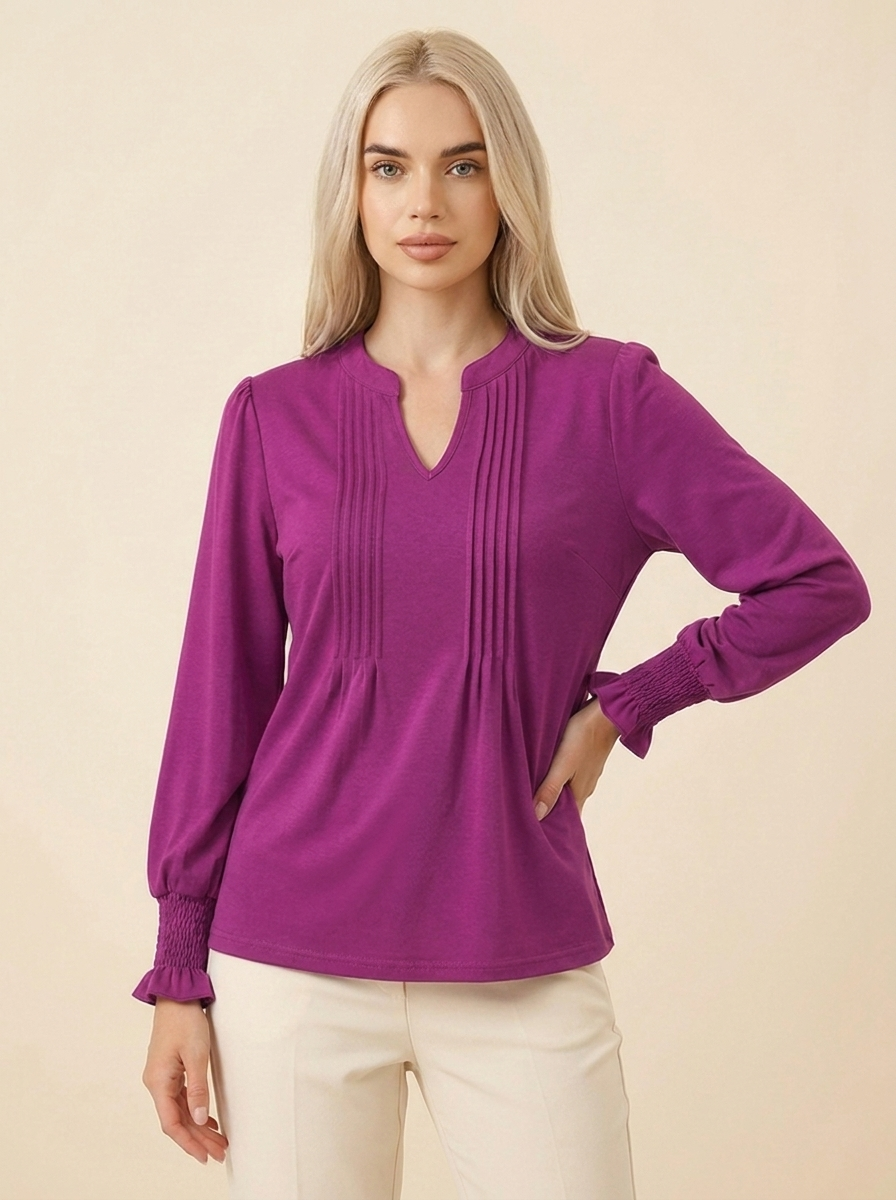 Notched Flounce Sleeve Blouse Fuchsia