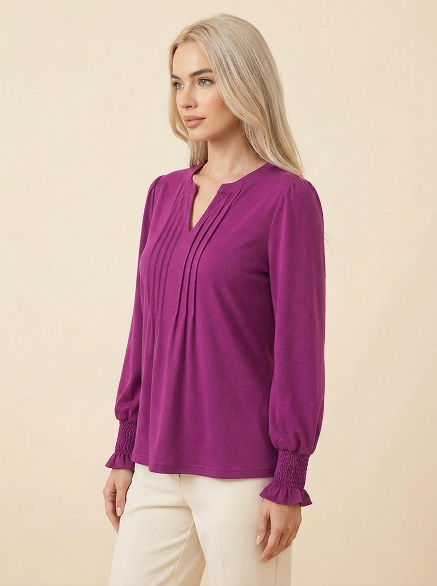 Notched Flounce Sleeve Blouse Fuchsia