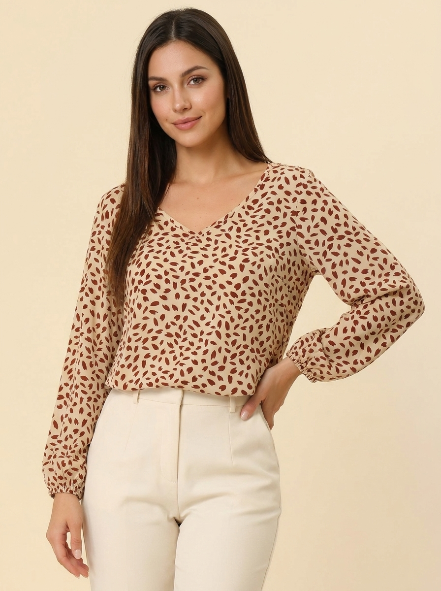 Printed Balloon Sleeve Blouse Beige