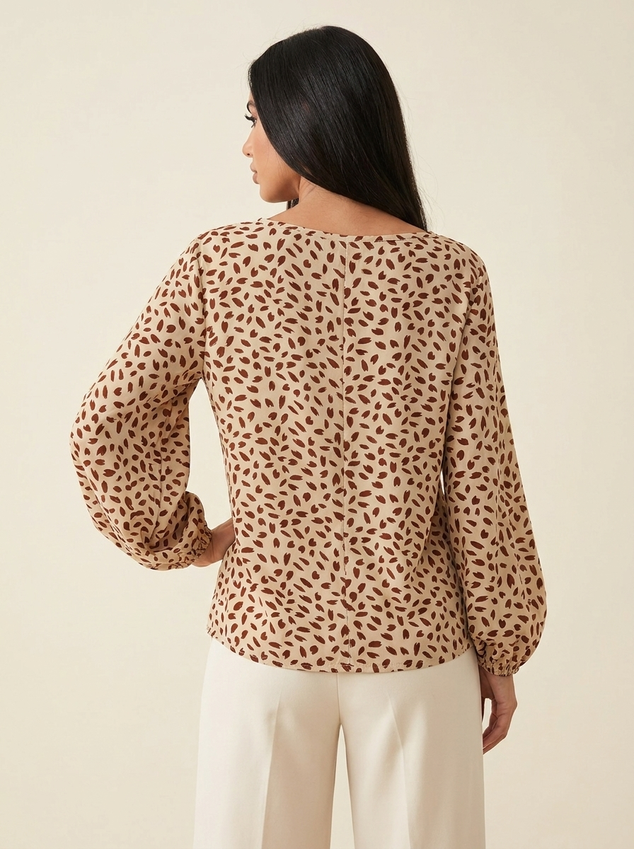 Printed Balloon Sleeve Blouse Beige